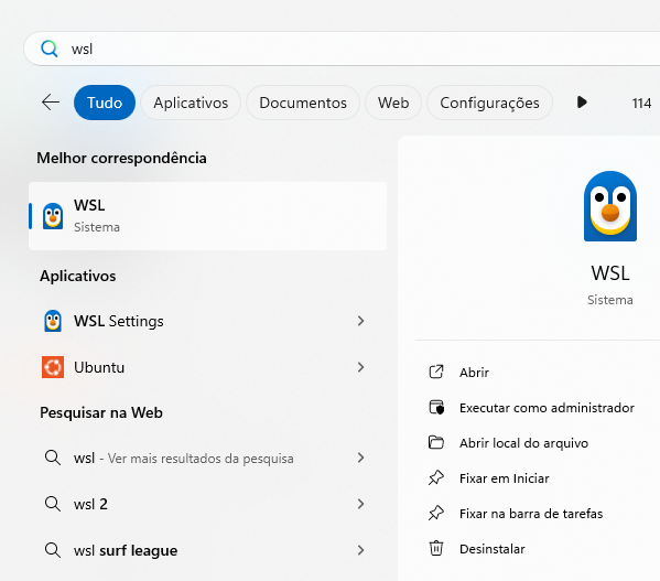Abrindo o WSL através da pesquisa do Windows